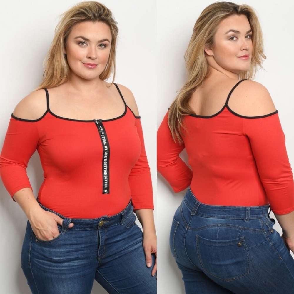 LILIAN NEW Red Plus Size Cold Shoulder Bodysuit